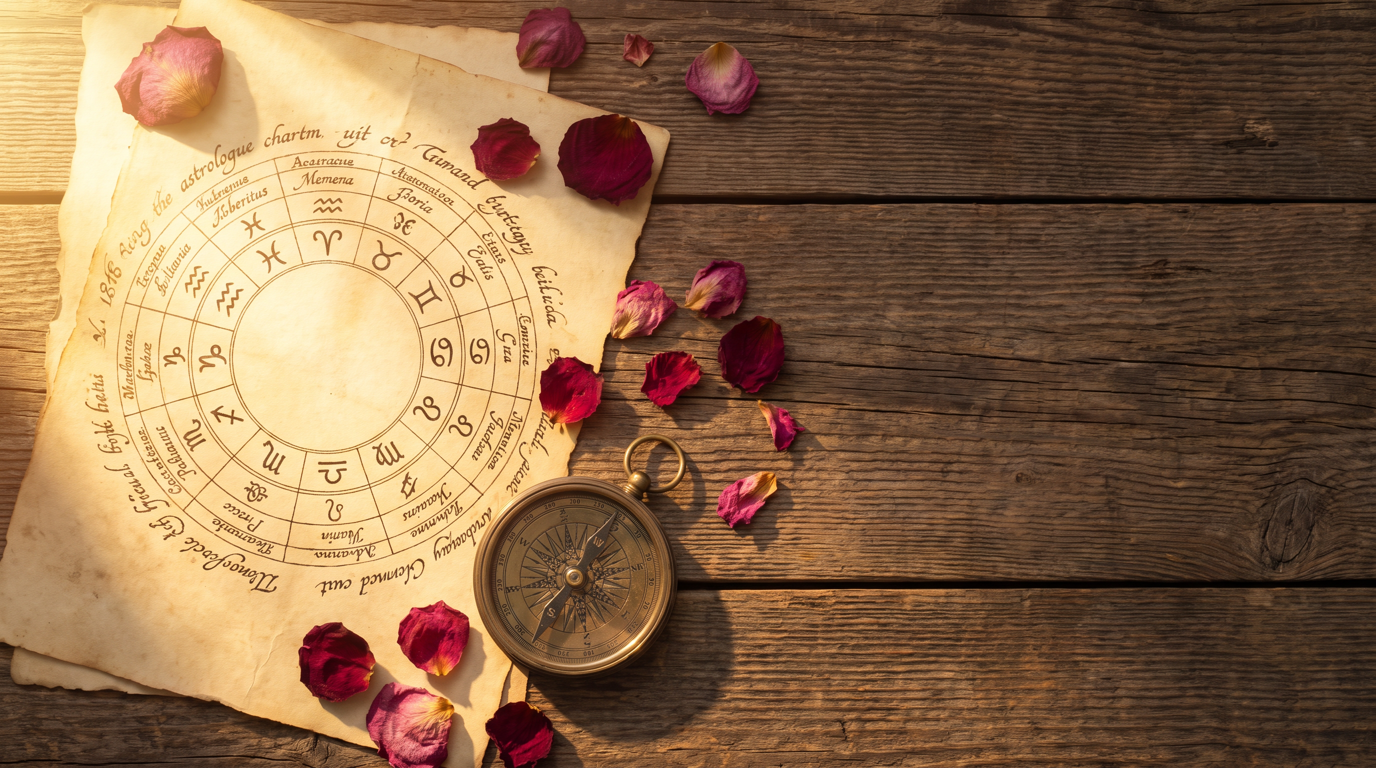 A vintage astrology chart with a compass and rose petals