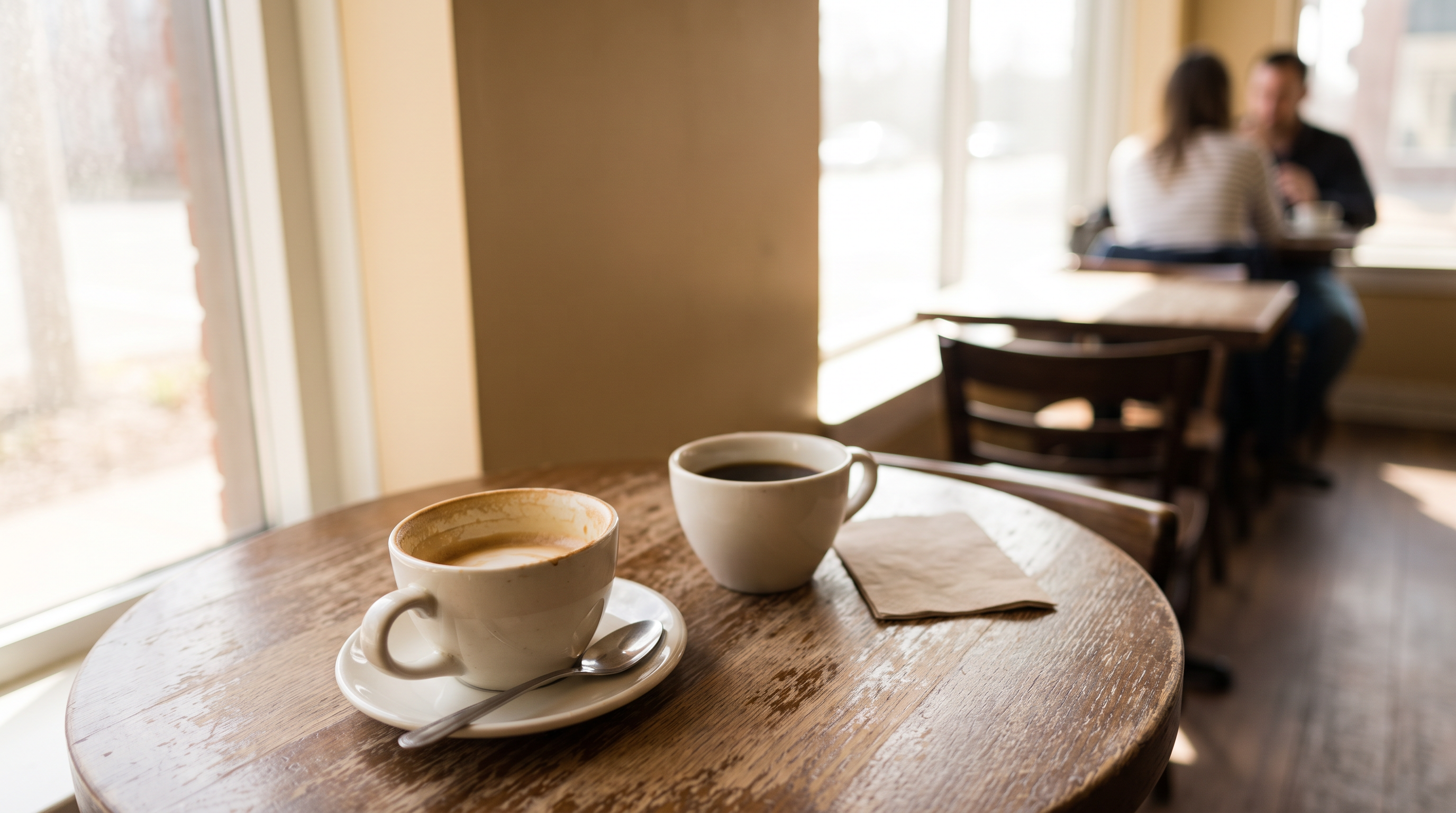 Two coffee cups on a café table with a couple in the background