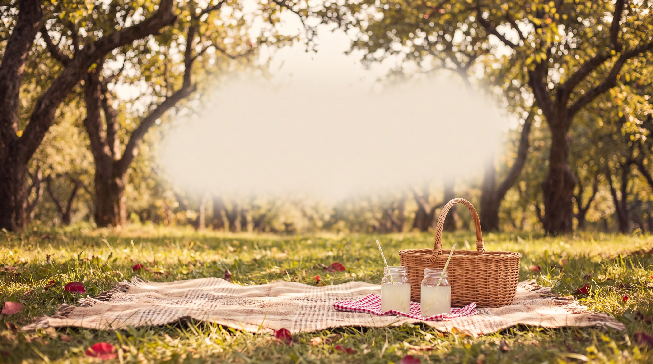 A picnic basket and lemonade in a sunlit field
