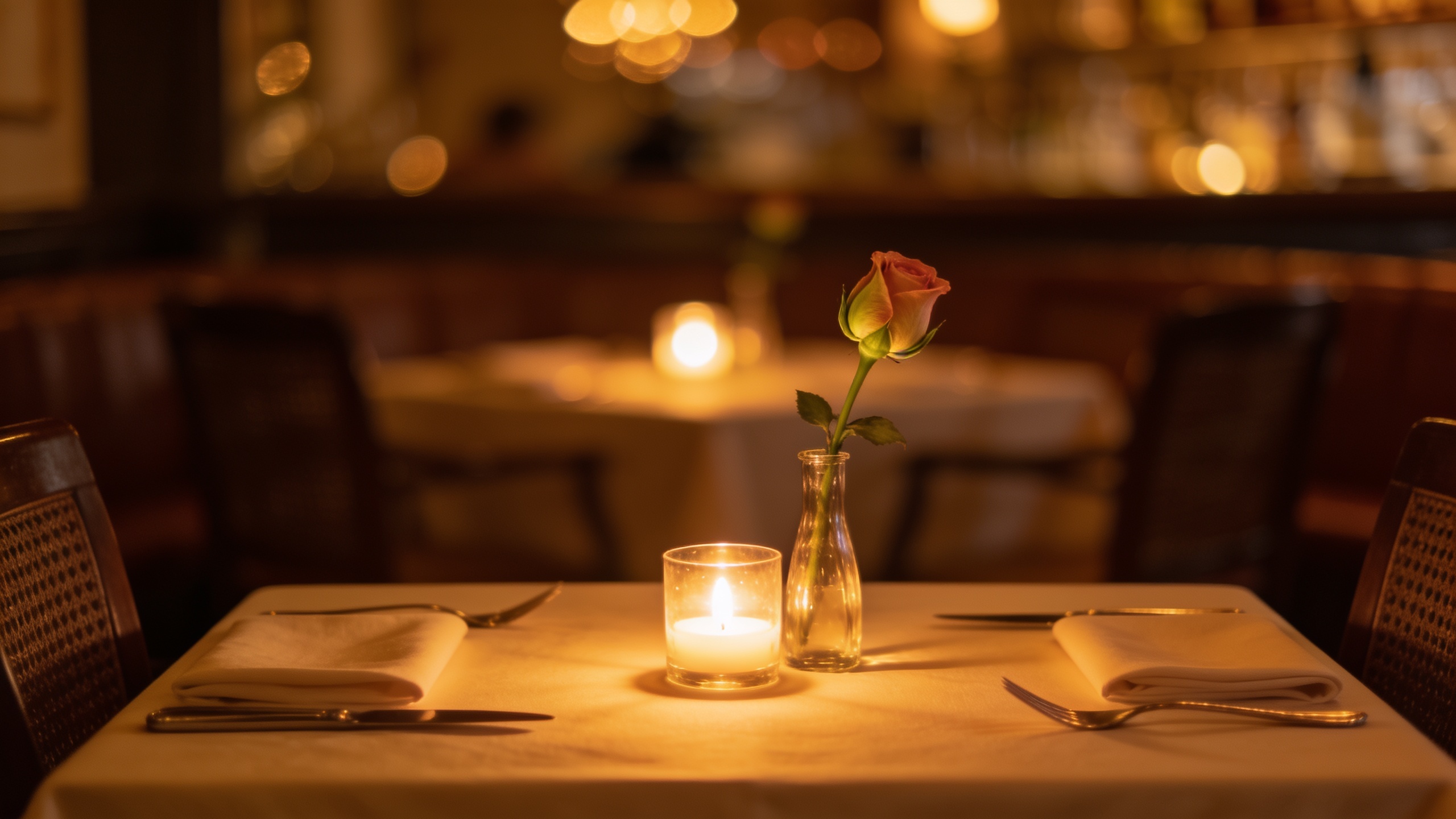 A candlelit table with a single rose