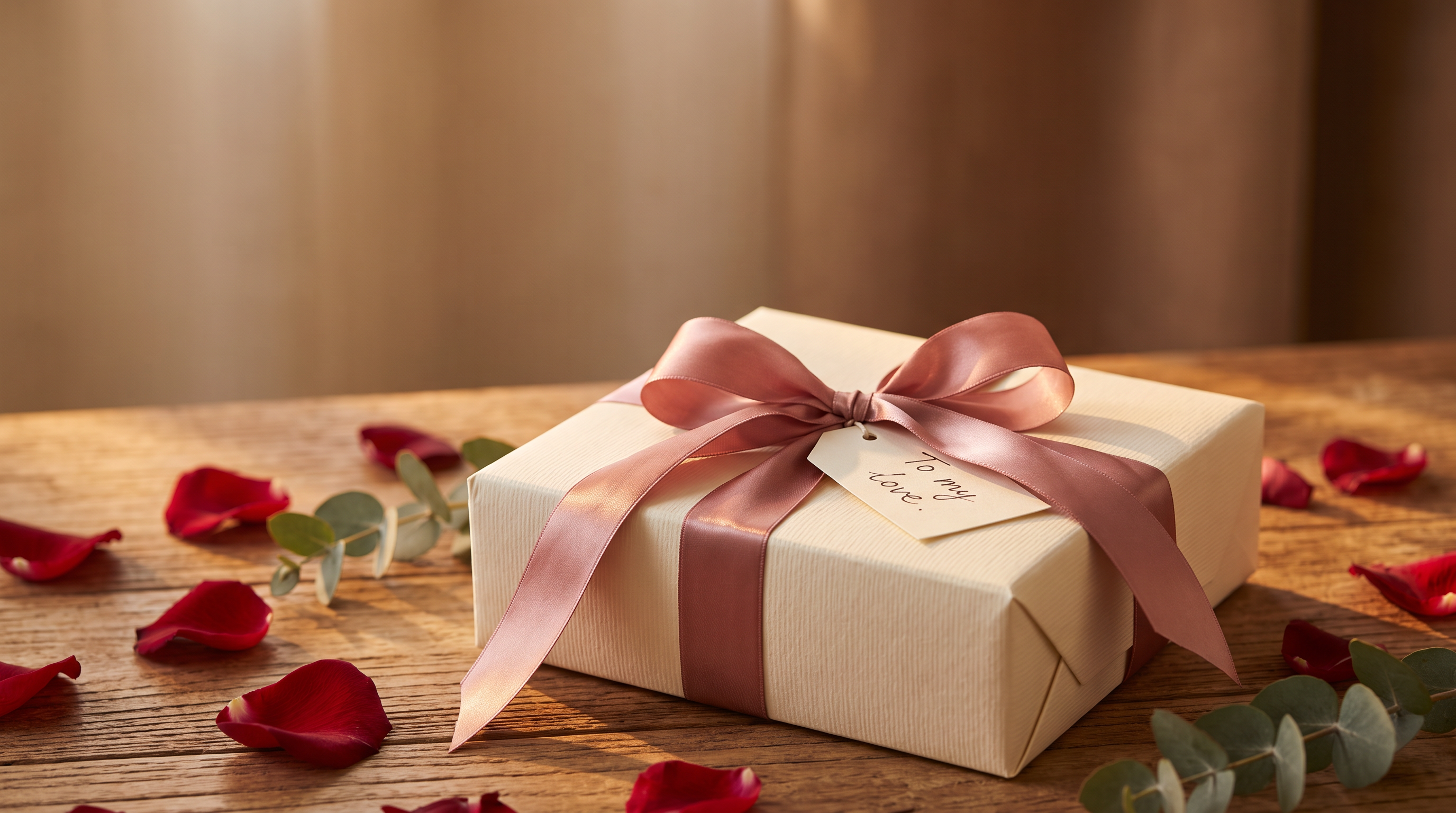 A wrapped gift box with a handwritten tag on wood