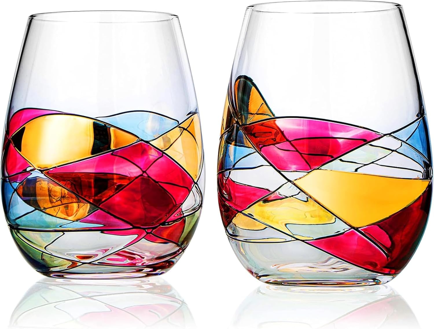Artisanal Hand Painted Stemless Wine Glasses, Set of 2