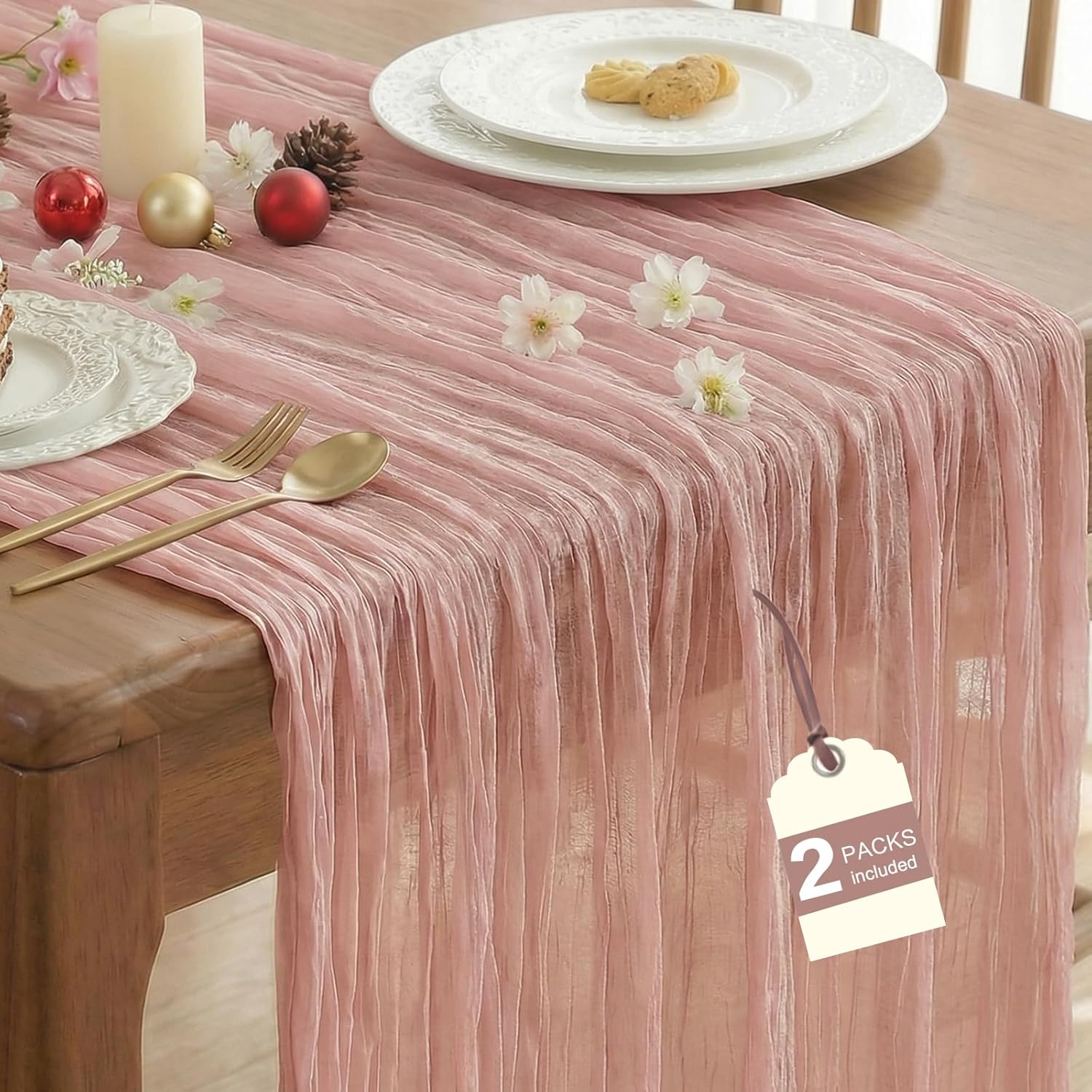 Dusty Pink Cheesecloth Table Runner, 2 Pcs