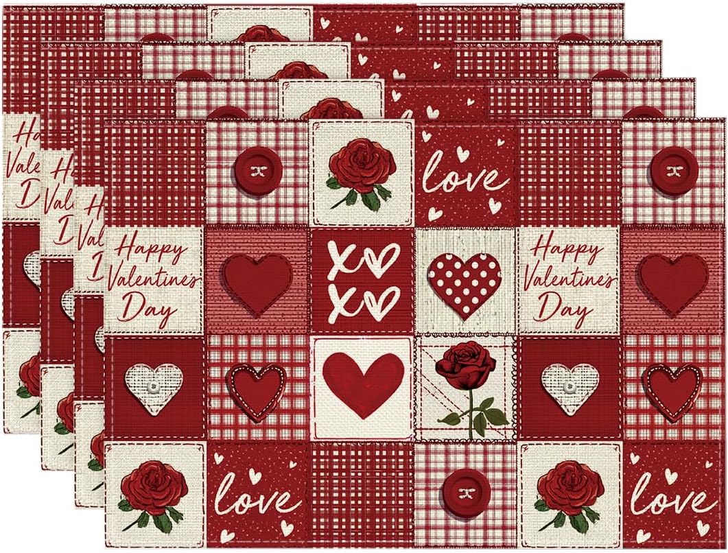 Buffalo Plaid Love Hearts Valentine Placemats, Set of 4