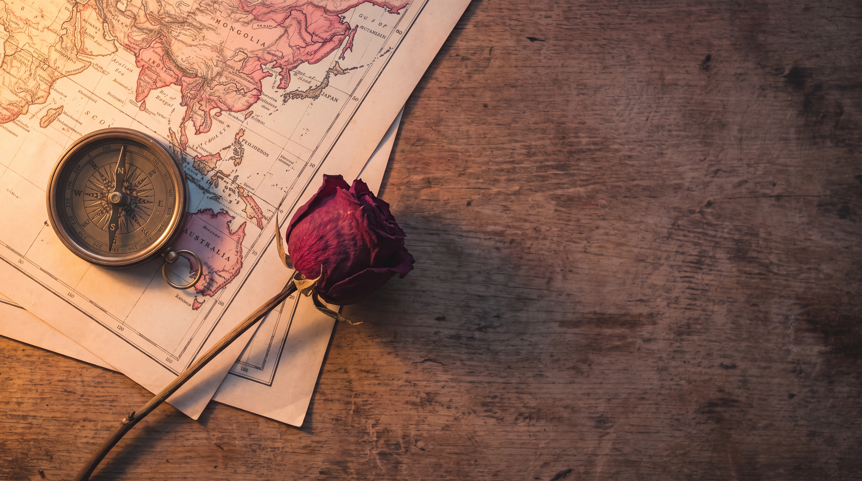 A vintage map, compass, and rose on a wood desk